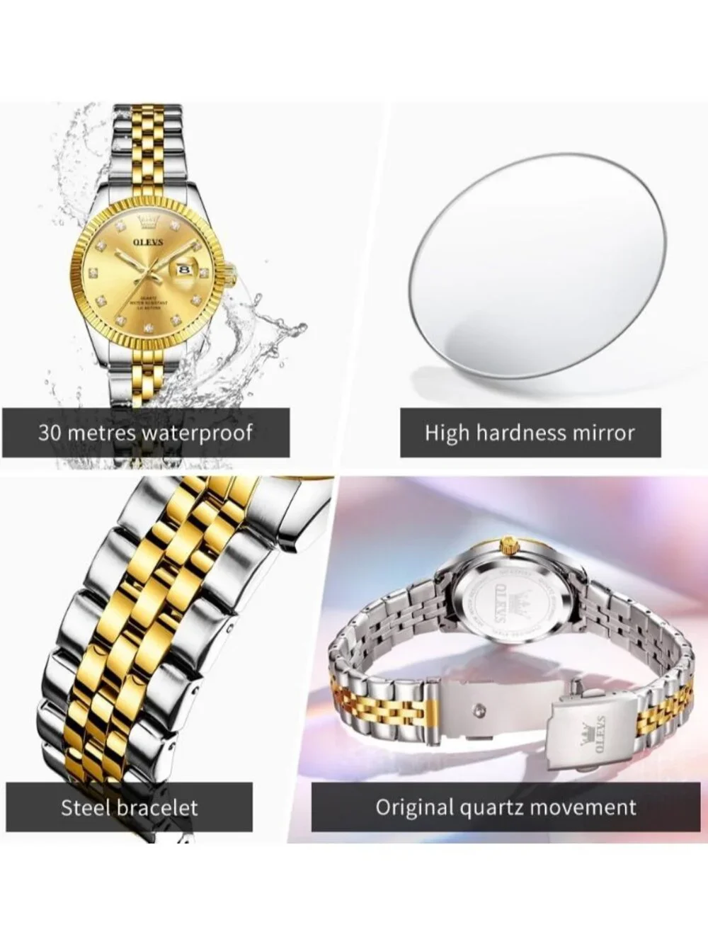Women's Gold Two Tone Luxury Dress Diamond Stainless Steel Waterproof Wristwatch